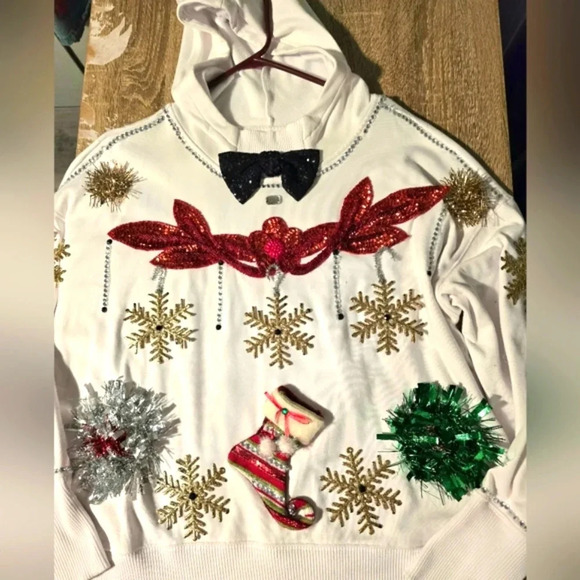 1 of a Kind Custom Handmade Ugly Christmas Sweater Hoodie Sequins Women's XL XXL - Picture 4 of 8